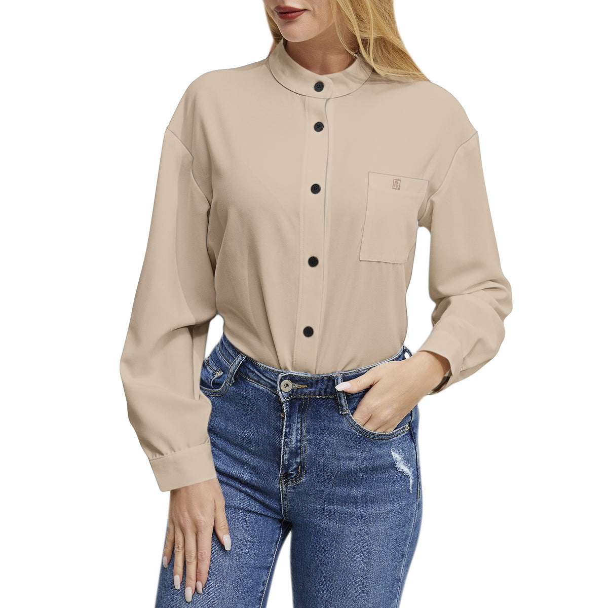 Women's Solid Beige Button-Up Shirt – Minimalist & Chic