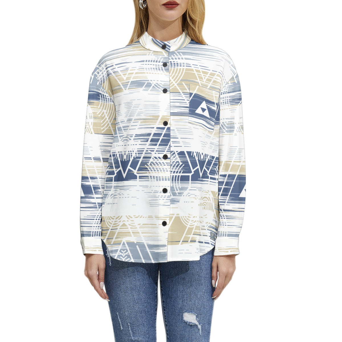 Women’s Abstract Geometric Print Button-Up Shirt – Elegant, Stylish & Versatile