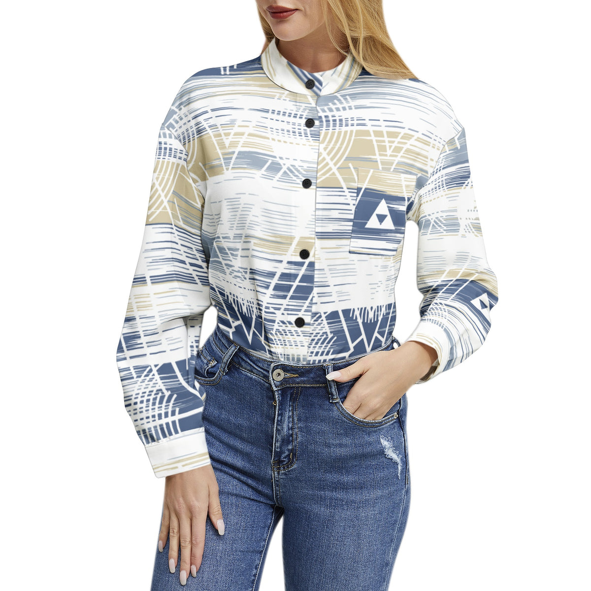 Women’s Abstract Geometric Print Button-Up Shirt – Elegant, Stylish & Versatile