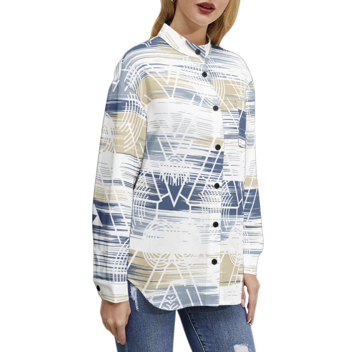 Women’s Abstract Geometric Print Button-Up Shirt – Elegant, Stylish & Versatile
