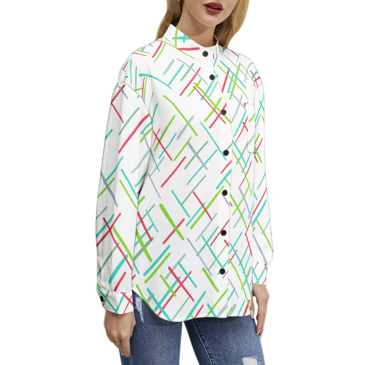 Women's White Geometric Striped Button-Up Shirt