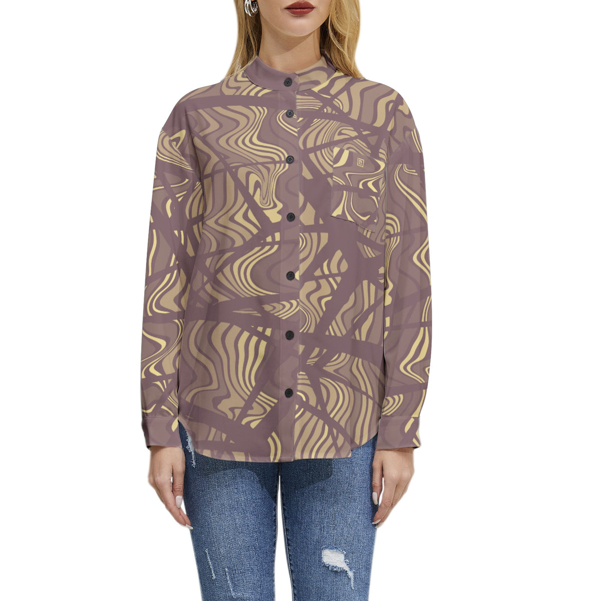 Women's Earth-Toned Abstract Print Button-Up Shirt – Modern & Chic