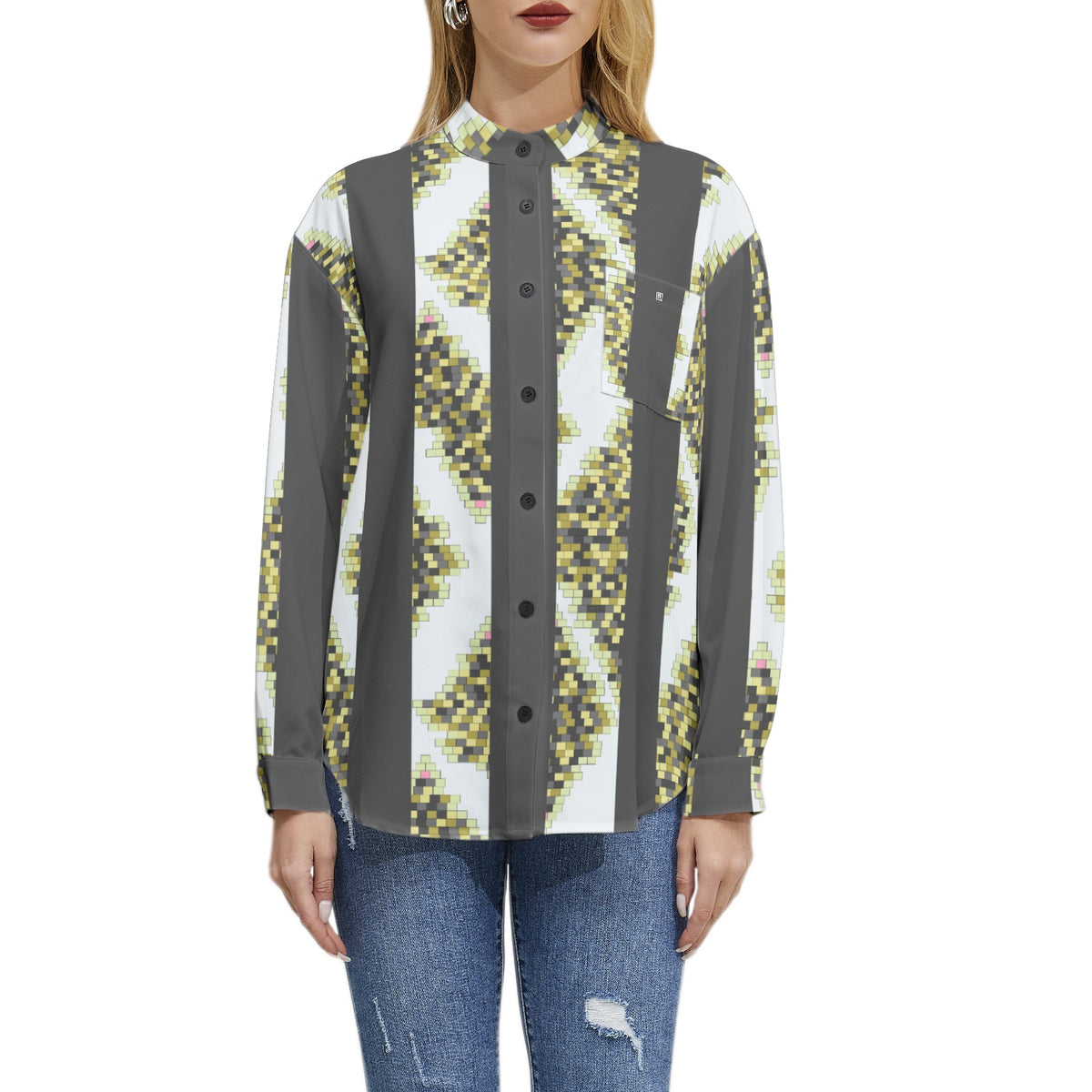 Women’s Pixel Art Print Button-Up Shirt – Modern, Trendy & Unique