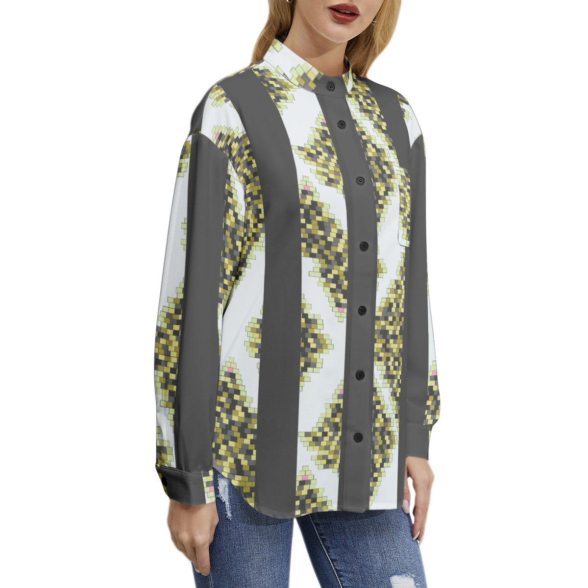 Women’s Pixel Art Print Button-Up Shirt – Modern, Trendy & Unique
