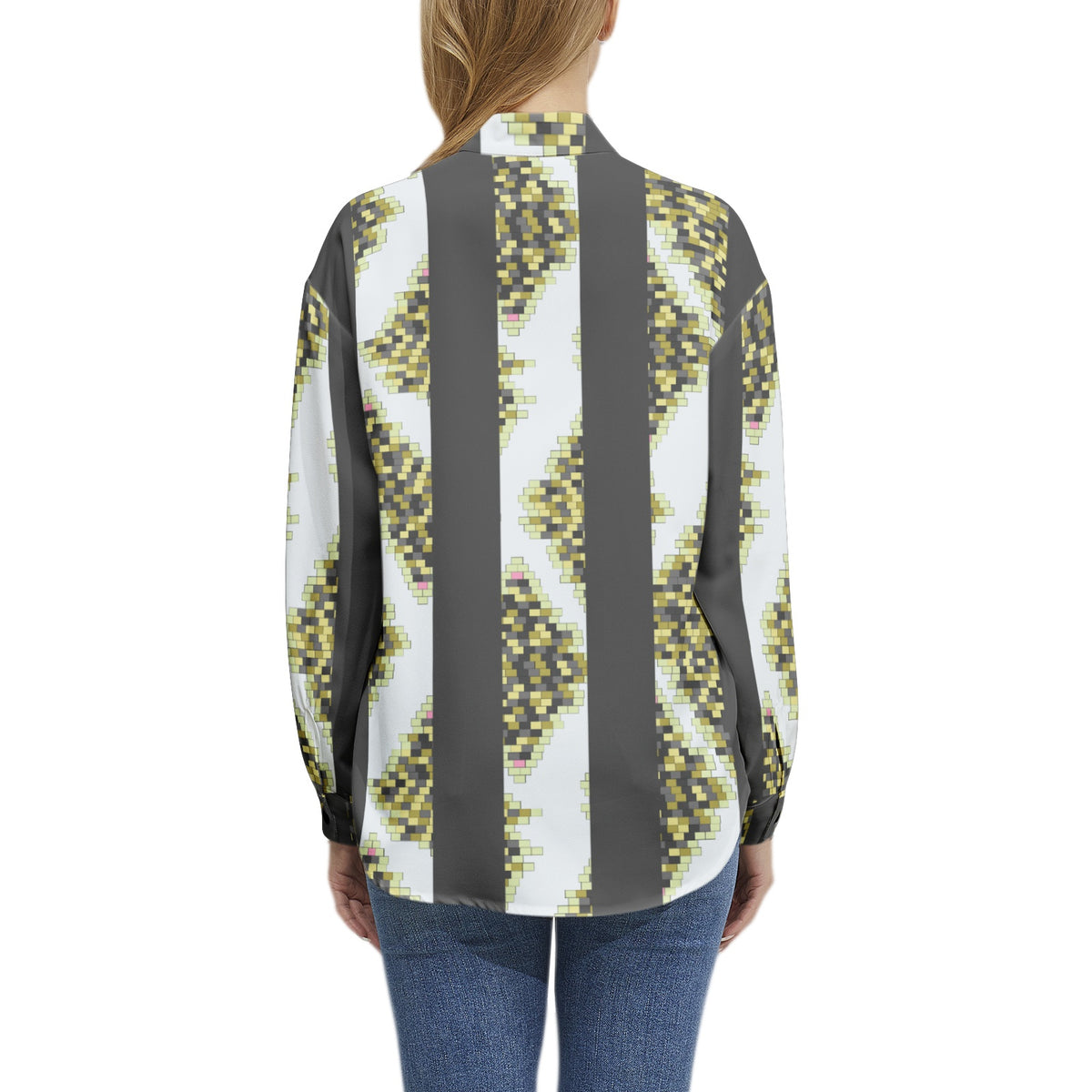 Women’s Pixel Art Print Button-Up Shirt – Modern, Trendy & Unique