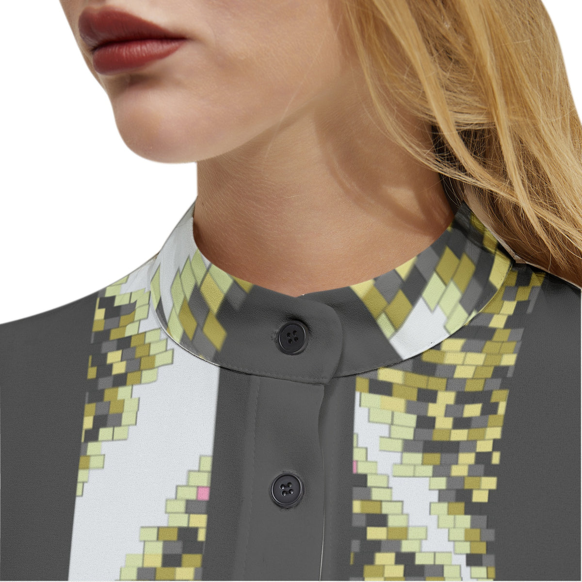 Women’s Pixel Art Print Button-Up Shirt – Modern, Trendy & Unique