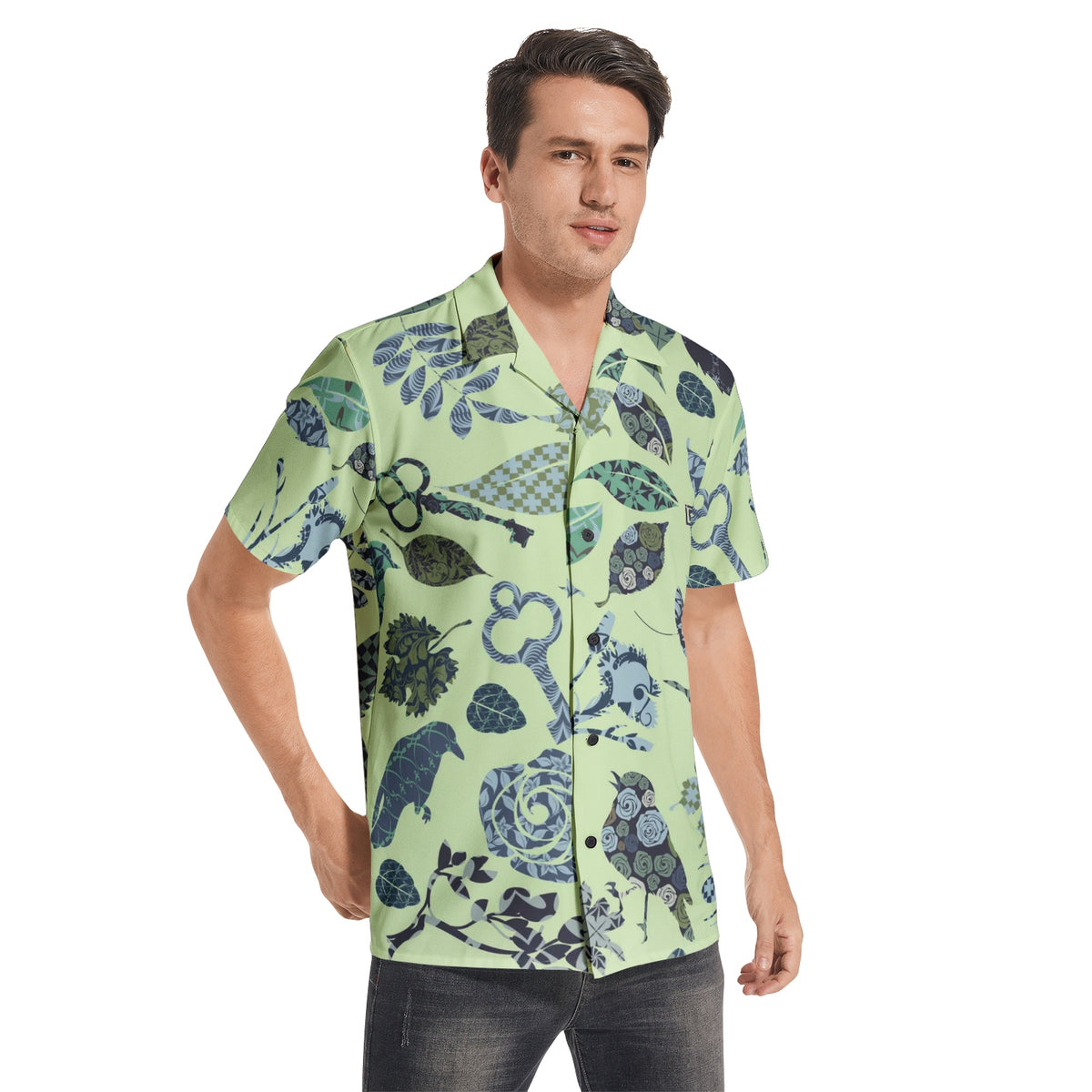Men’s Pastel Green Artistic Print Short Sleeve Shirt