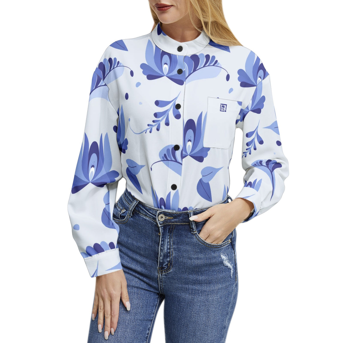 Women's Blue Floral Print Button-Up Shirt – Elegant & Chic