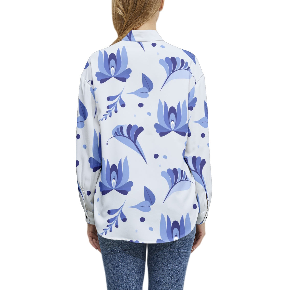 Women's Blue Floral Print Button-Up Shirt – Elegant & Chic