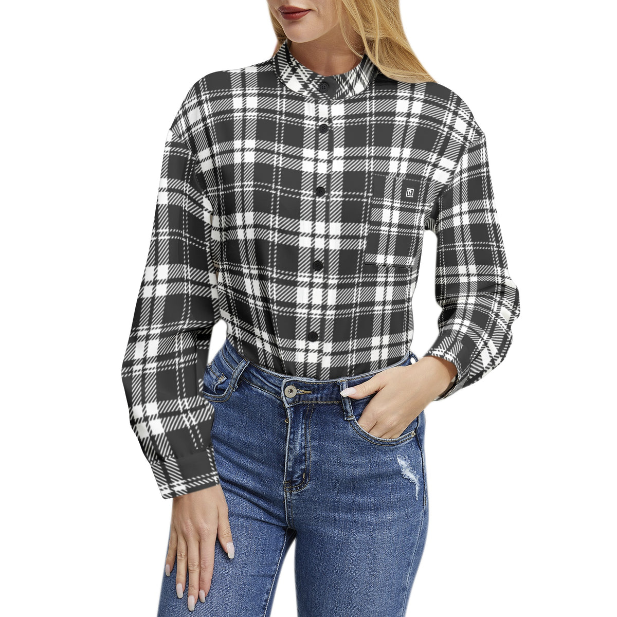Women's Black & White Plaid Button-Up Shirt – Classic & Timeless