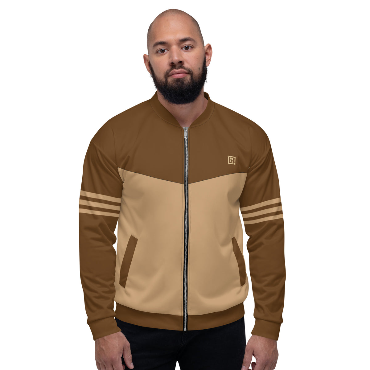 Men's Full Sleeve Brown Color Block Bomber Jacket