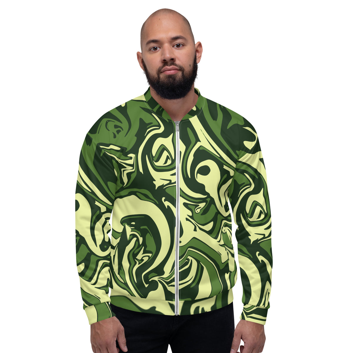 Full Sleeve Green Abstract Print Zip-Front Bomber Jacket