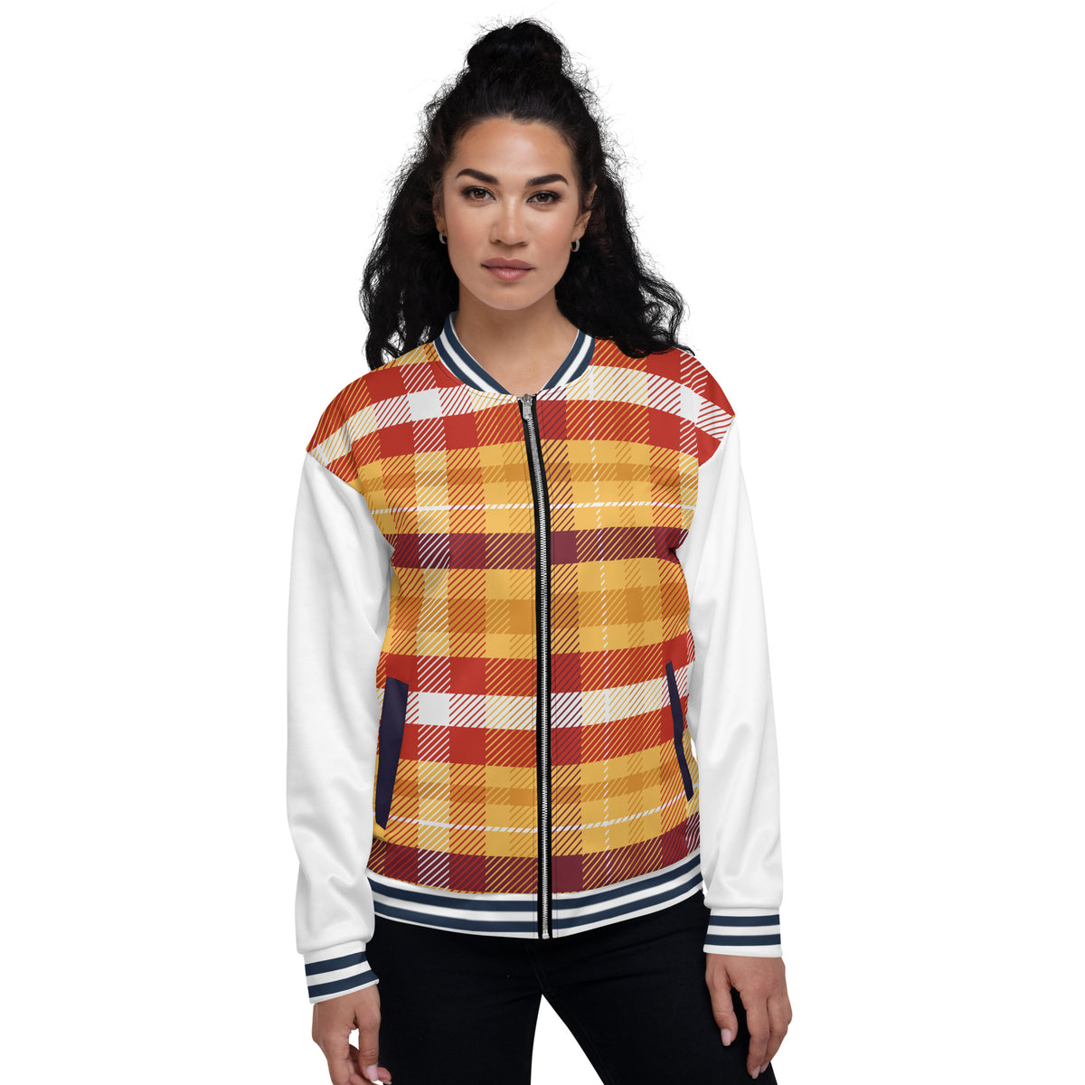 Women's Plaid Print Zip-Up Bomber Jacket