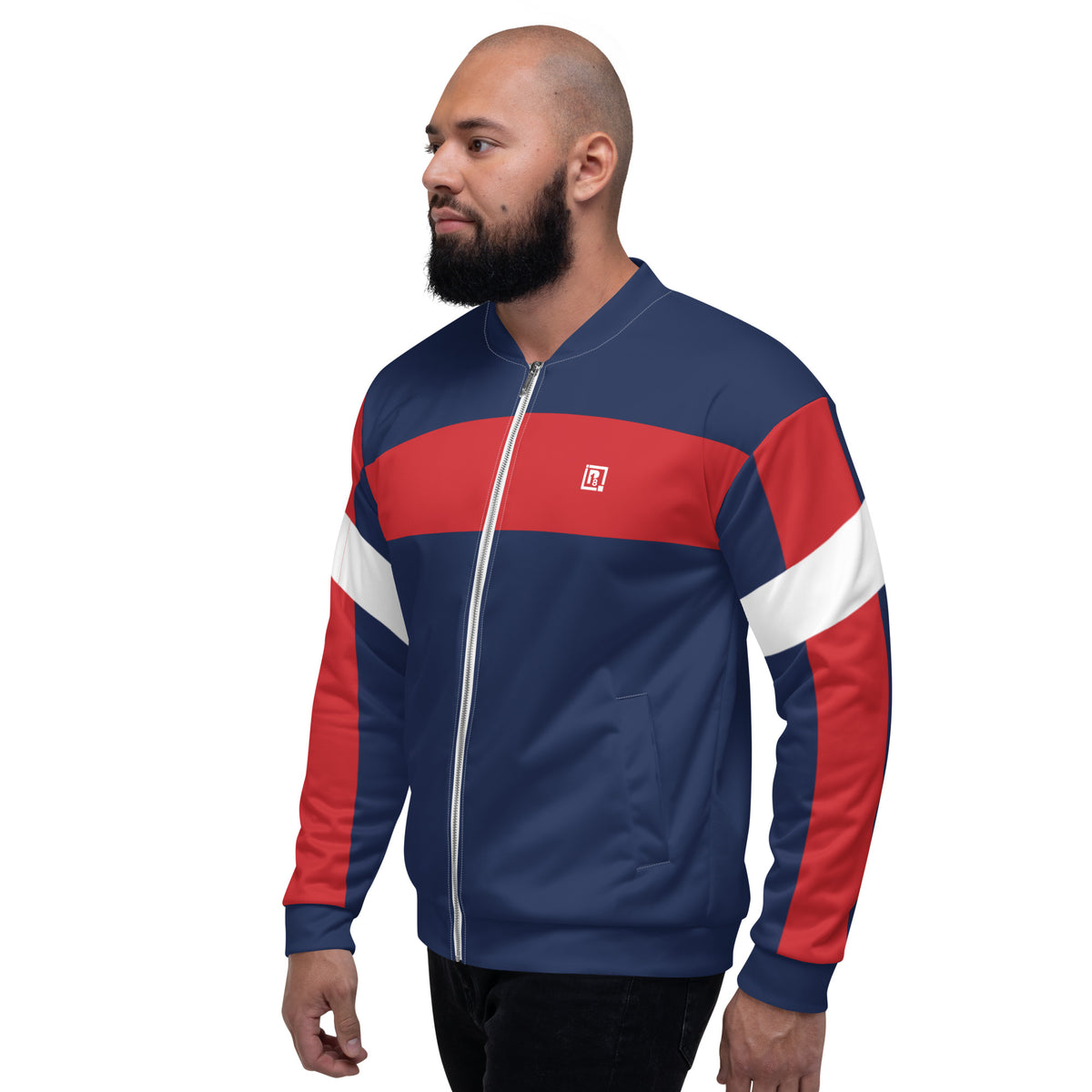 Men's Multicolor Print Bomber Jacket (Navy/Red/White)