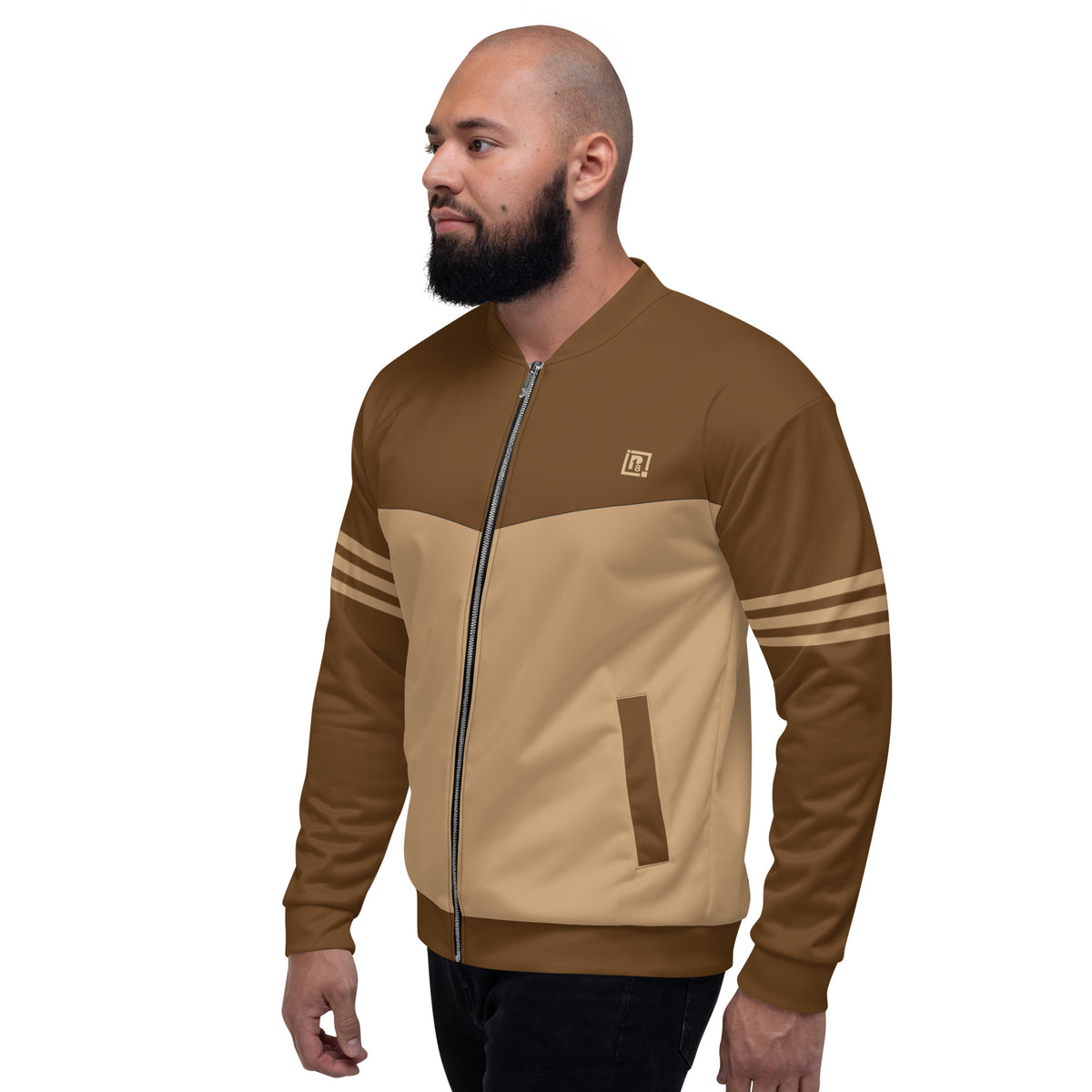 Men's Full Sleeve Brown Color Block Bomber Jacket