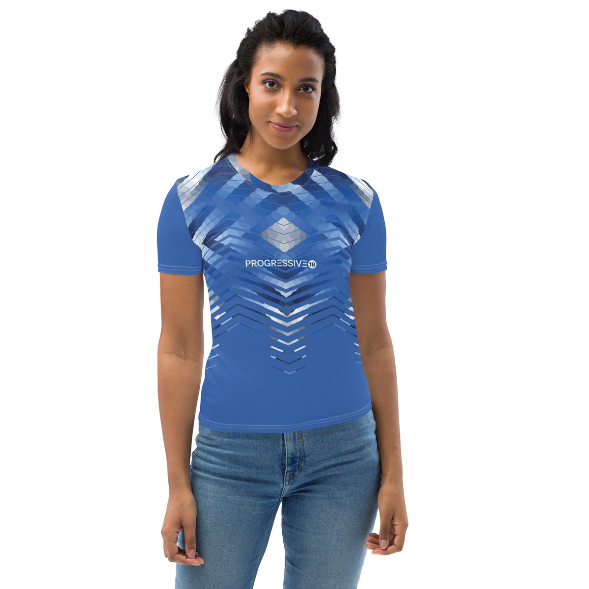 Women’s Blue Geometric Performance T-Shirt – Stylish, Breathable & Sporty