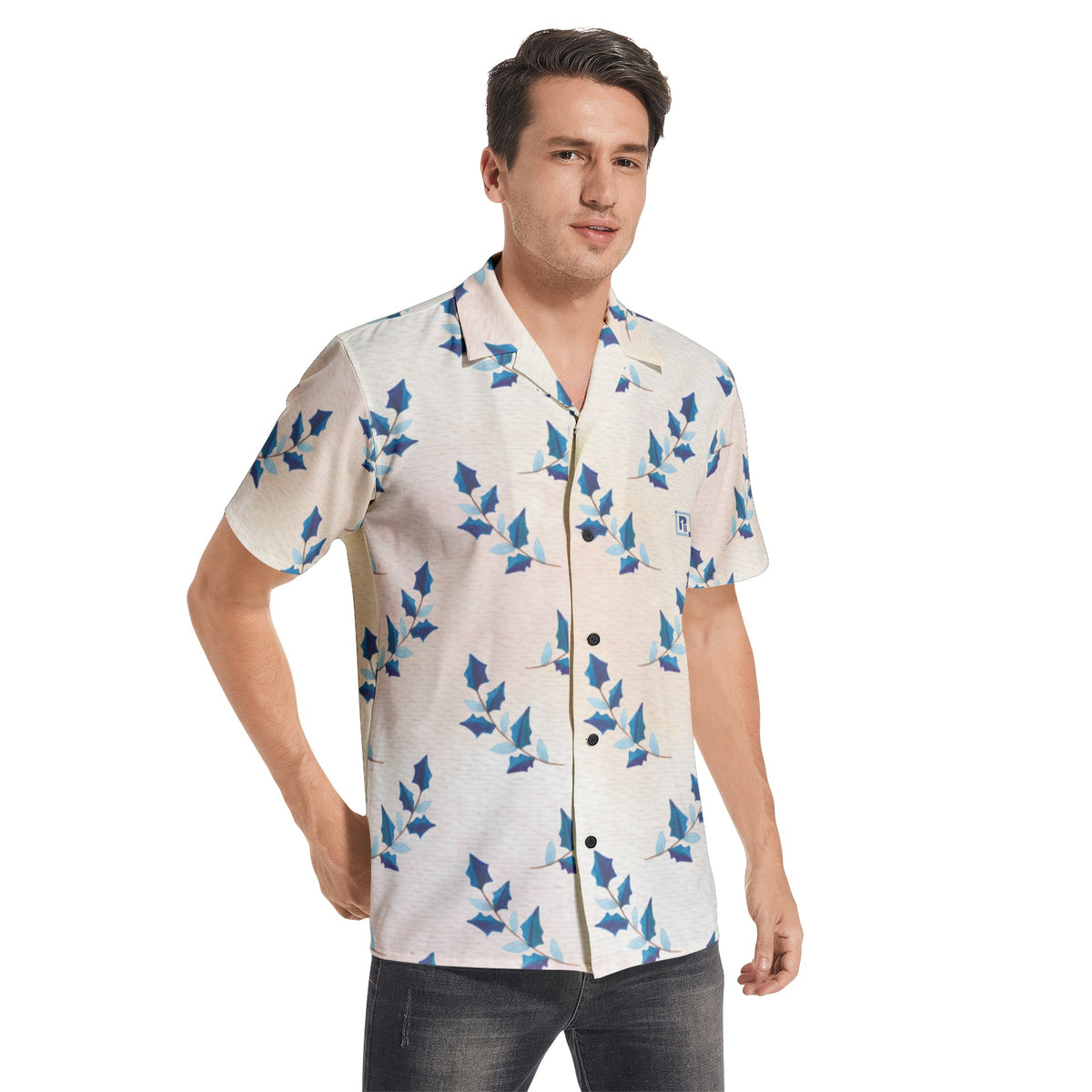 Men’s Blue Leaf Pattern Short Sleeve Shirt