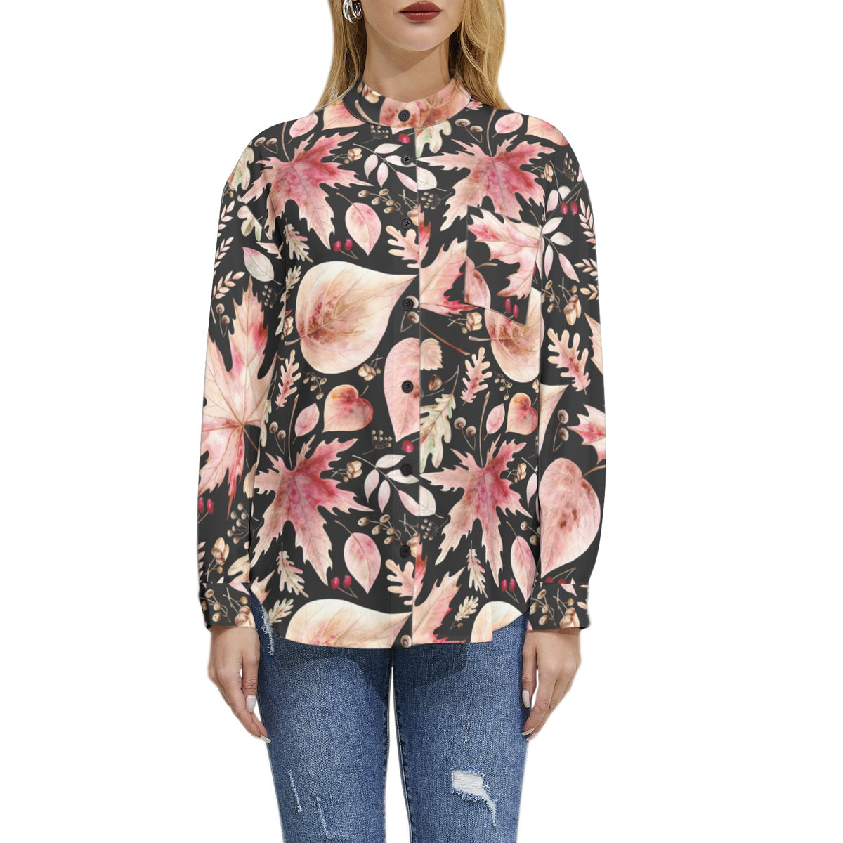 Women's Autumn Leaf Print Button-Up Shirt – Nature-Inspired Elegance
