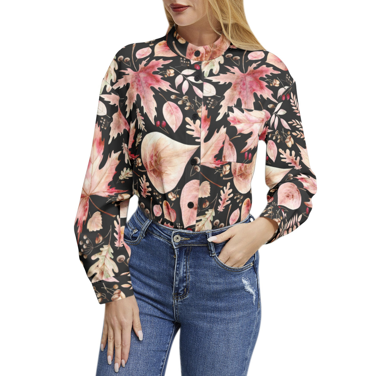 Women's Autumn Leaf Print Button-Up Shirt – Nature-Inspired Elegance