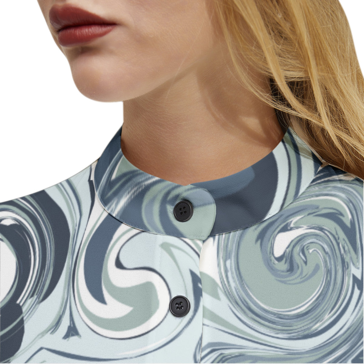 Women's Blue Swirl Print Button-Up Shirt – Bold & Fashion-Forward
