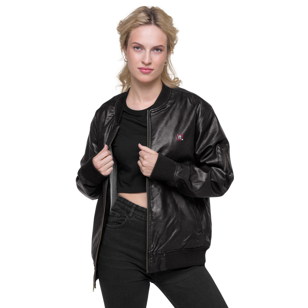 Women's Black Faux Leather Bomber Jacket – "Pretty Girl" Statement Outerwear