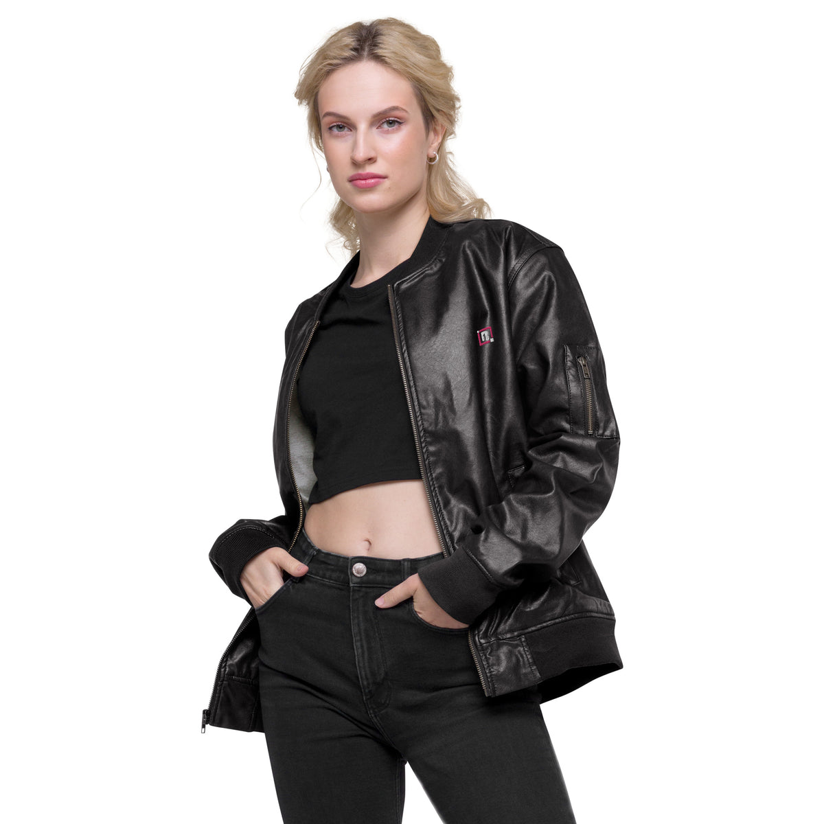 Women's Black Faux Leather Bomber Jacket – "Pretty Girl" Statement Outerwear