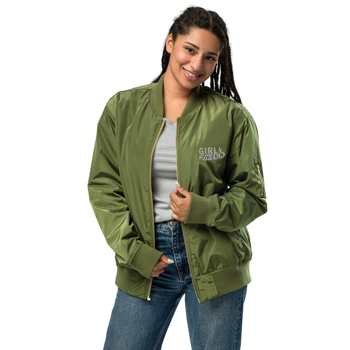 Women's "Girl Power" Olive Green Bomber Jacket