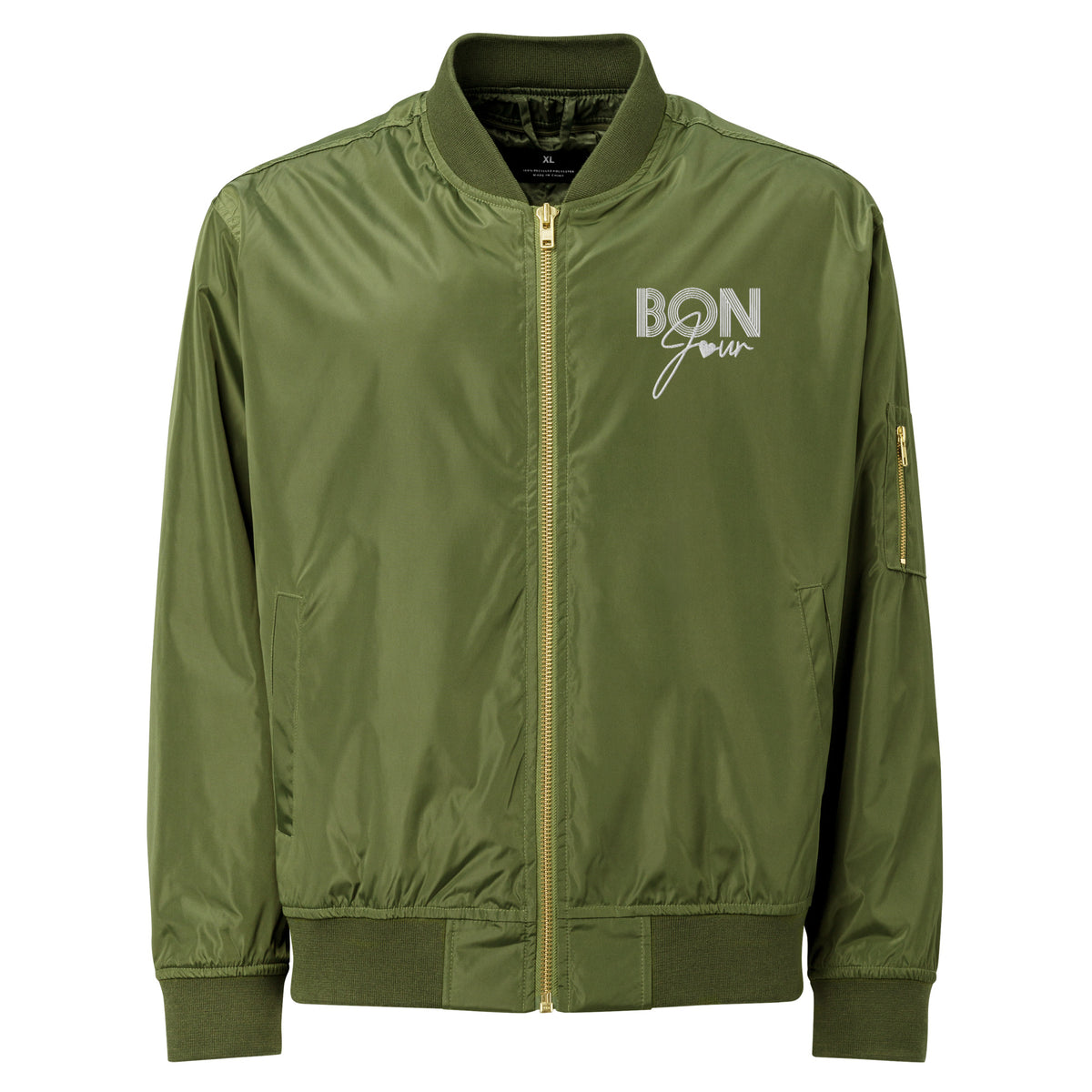 Women's Olive Green Bomber Jacket – "Bonjour" Embroidered Streetwear