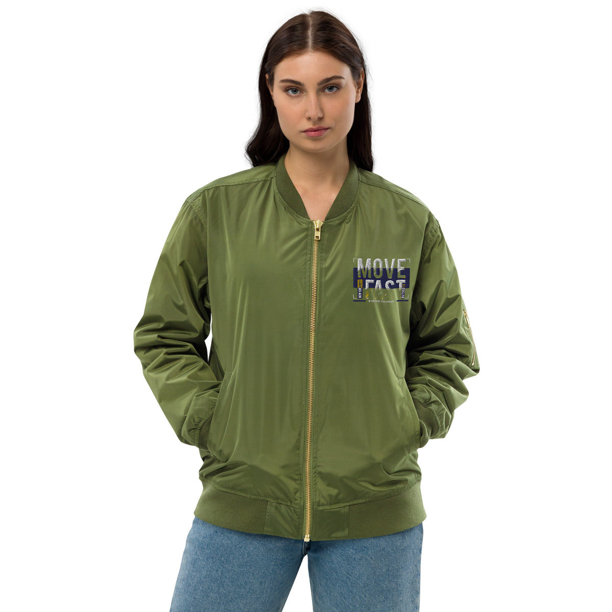 Women's Olive Green Bomber Jacket – ""Move Fast"" Streetwear Edition