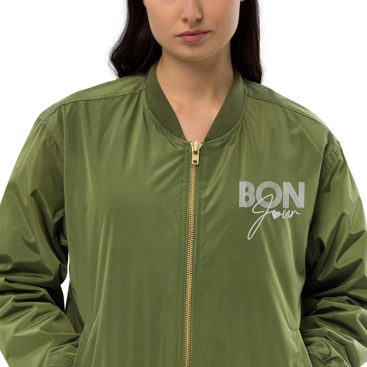 Women's Olive Green Bomber Jacket – "Bonjour" Embroidered Streetwear