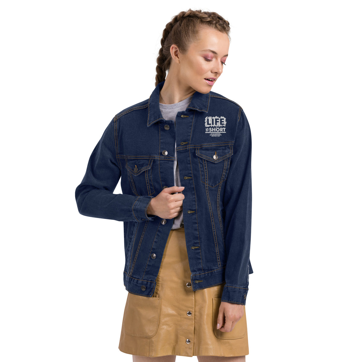 Women's Dark Blue Denim Jacket – ""Life is Short"" Casual Streetwear