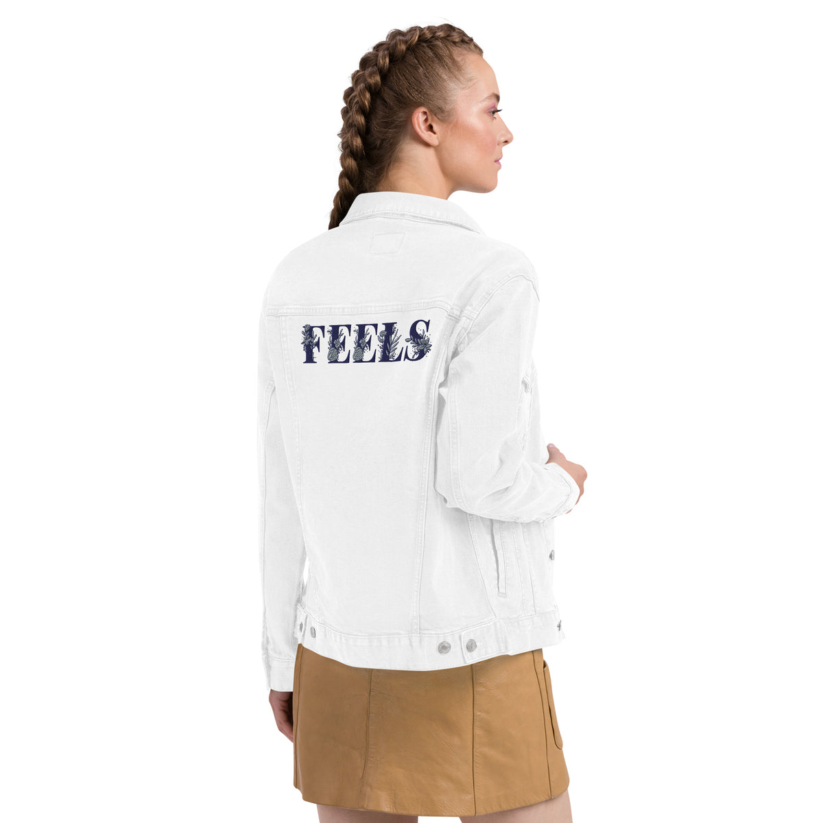 Women's White Denim Jacket – "FEELS" Graphic Print Streetwear Edition