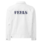 Women's White Denim Jacket – "FEELS" Graphic Print Streetwear Edition