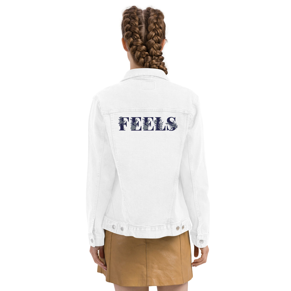 Women's White Denim Jacket – "FEELS" Graphic Print Streetwear Edition