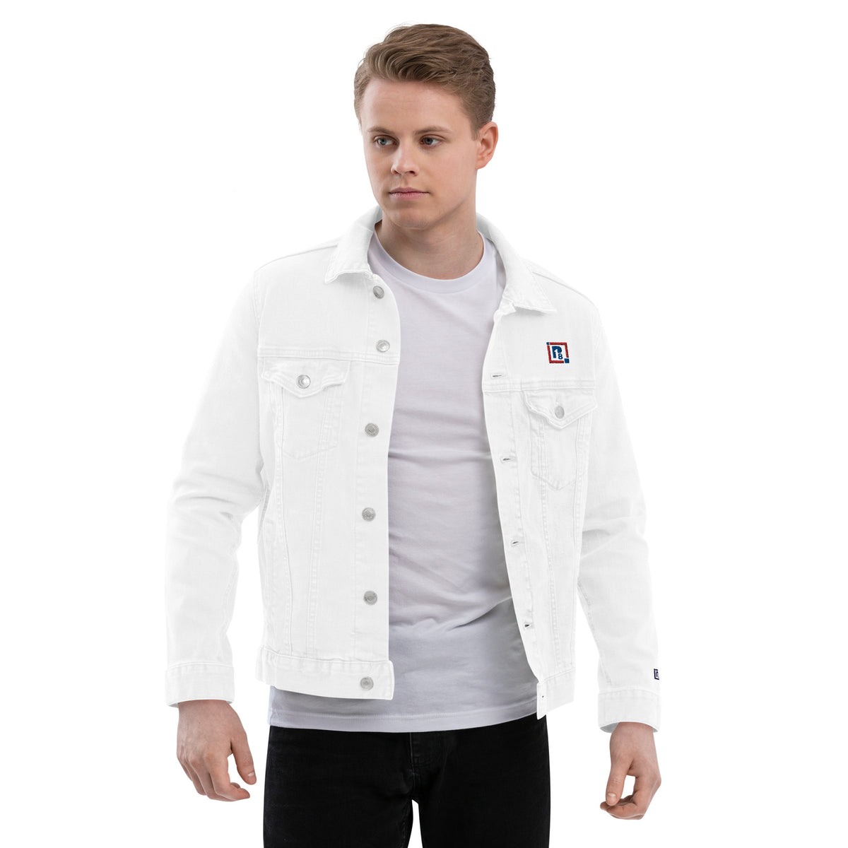 Men’s White Denim Jacket – ""Focus"" Embroidered Statement Piece