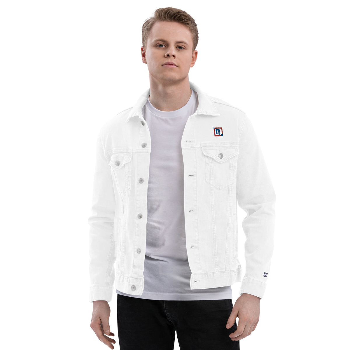 Men’s White Denim Jacket – ""Focus"" Embroidered Statement Piece