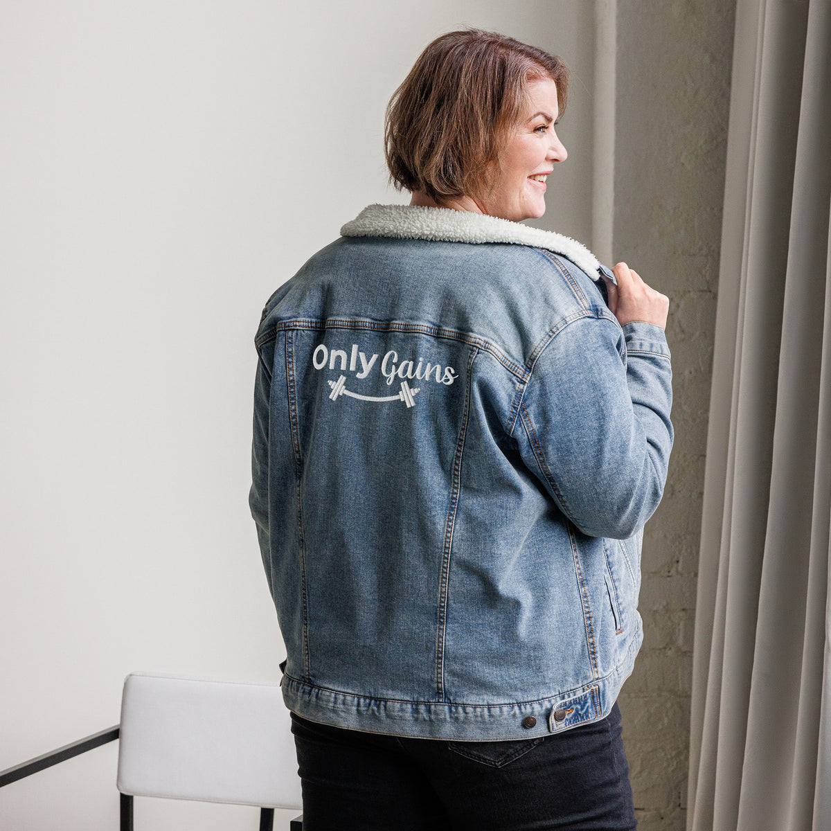 Women's Sherpa-Lined Denim Jacket – "Only Gains" Fitness-Inspired Outerwear