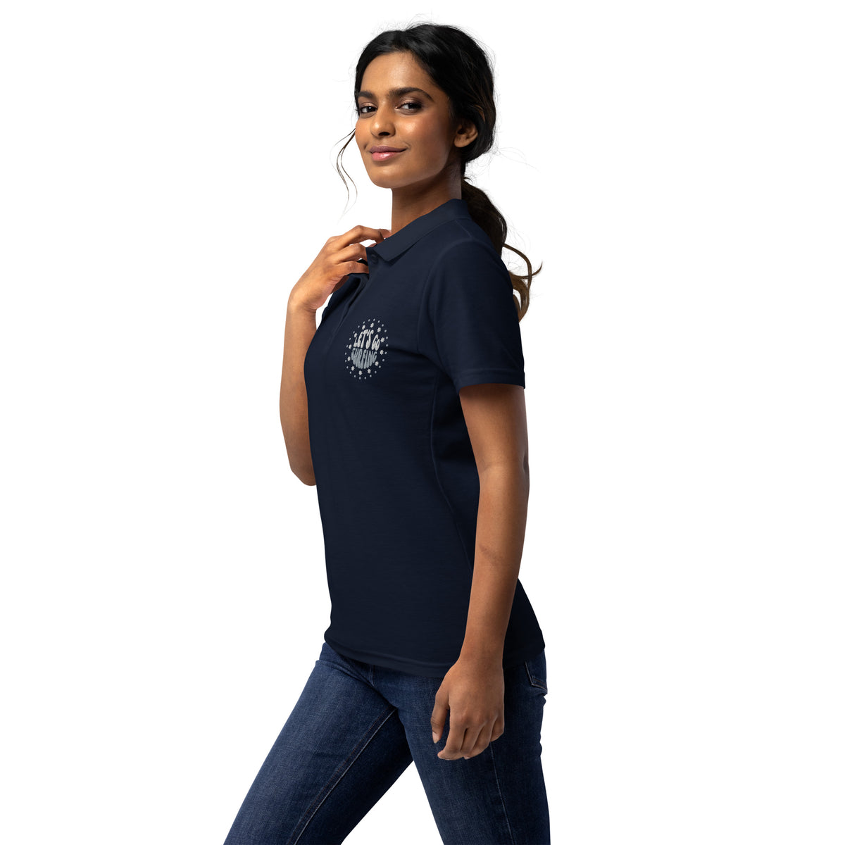 Women’s Navy Blue "Let’s Go Surfing" Embroidered Polo T-Shirt