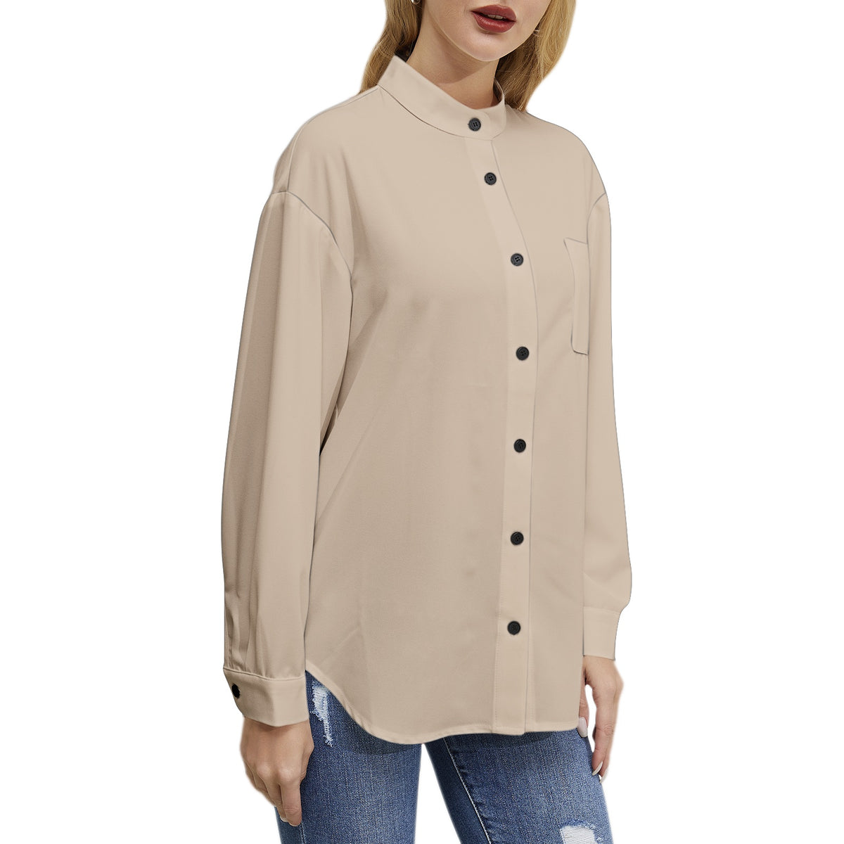 Women's Solid Beige Button-Up Shirt – Minimalist & Chic