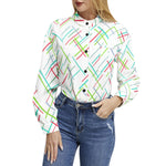 Women's White Geometric Striped Button-Up Shirt