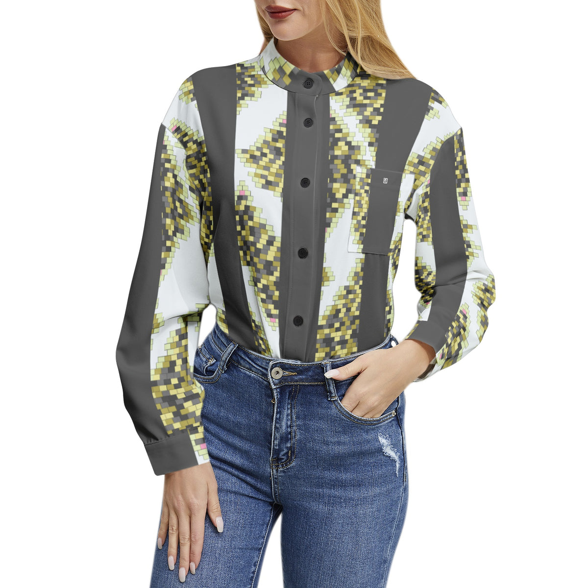 Women’s Pixel Art Print Button-Up Shirt – Modern, Trendy & Unique