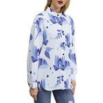 Women's Blue Floral Print Button-Up Shirt – Elegant & Chic