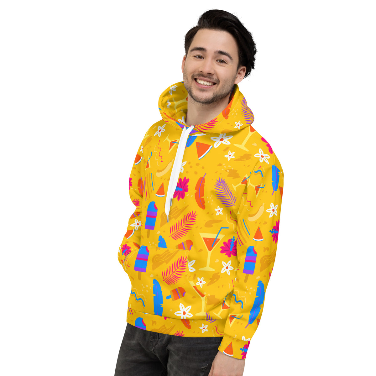 Men's Full Sleeve Pullover Printed Cotton Hoodie (Yellow)