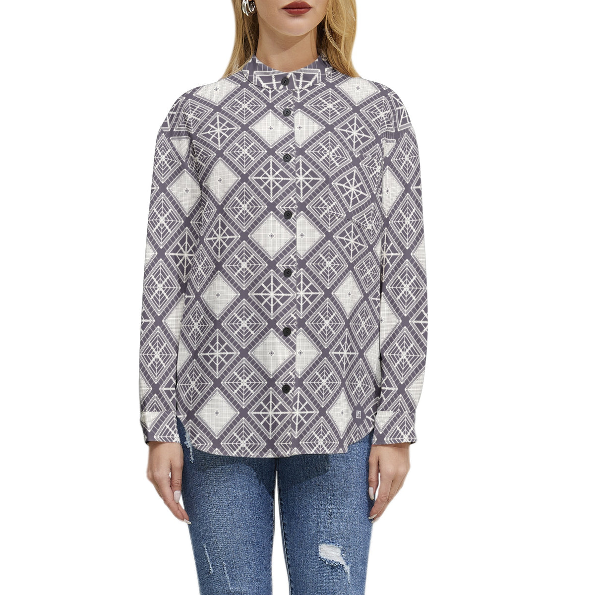 Women’s Geometric Print Button-Up Shirt – Elegant, Contemporary & Versatile