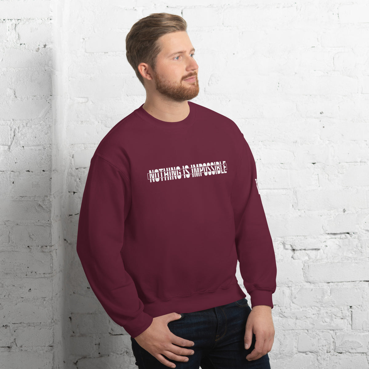 Men's Maroon Printed Crew Neck Sweatshirt