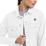 Women's White Denim Jacket – "FEELS" Graphic Print Streetwear Edition
